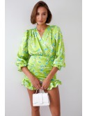 Fitted floral dress with draping, lime green 2937 - Online store - Boutique